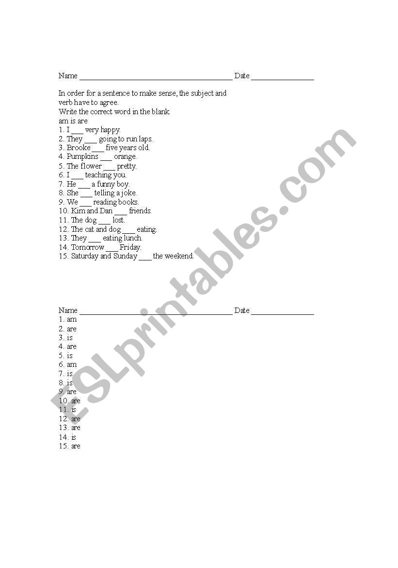 Verb To be :Is Are AM worksheet