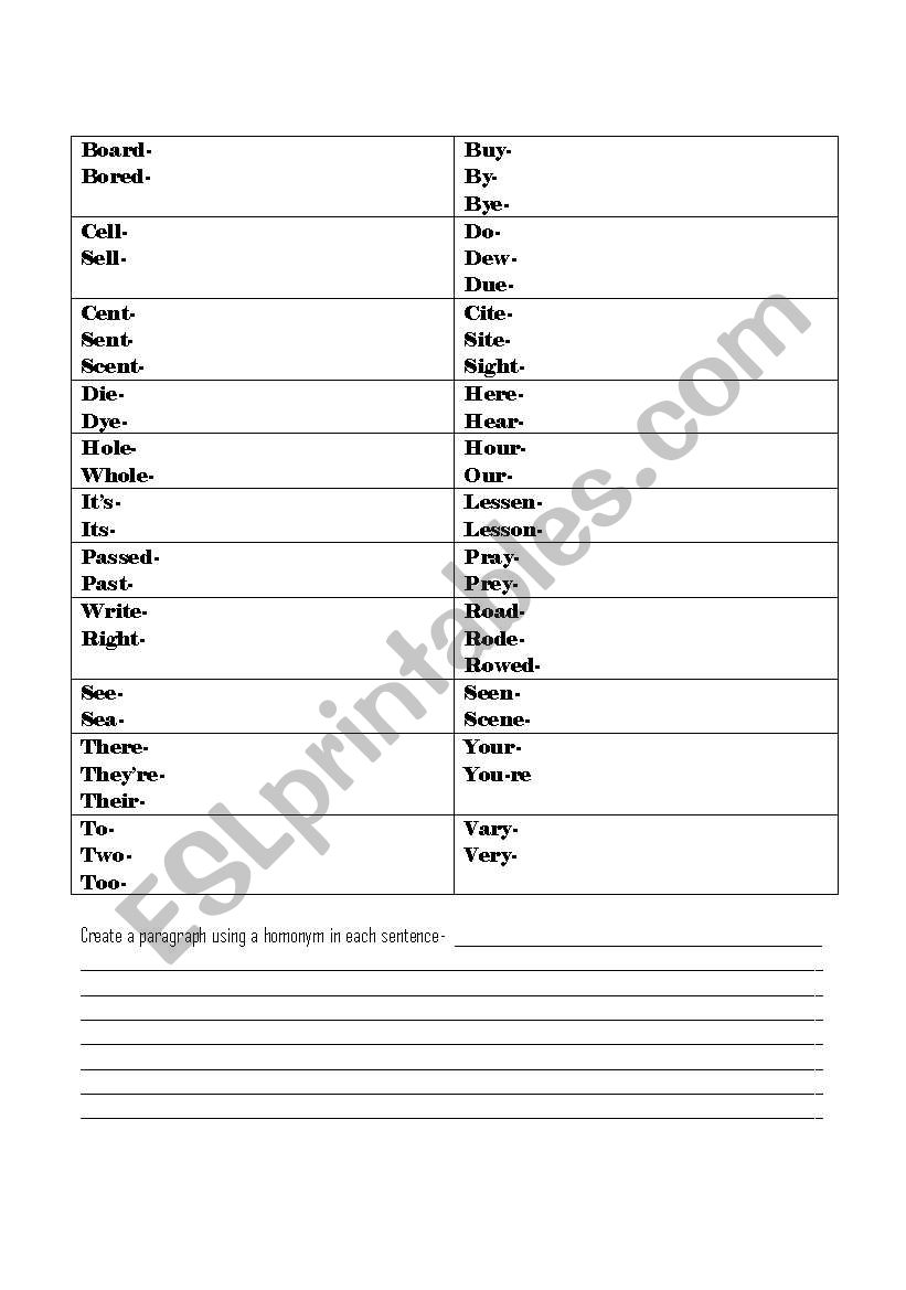 Homophone worksheet worksheet