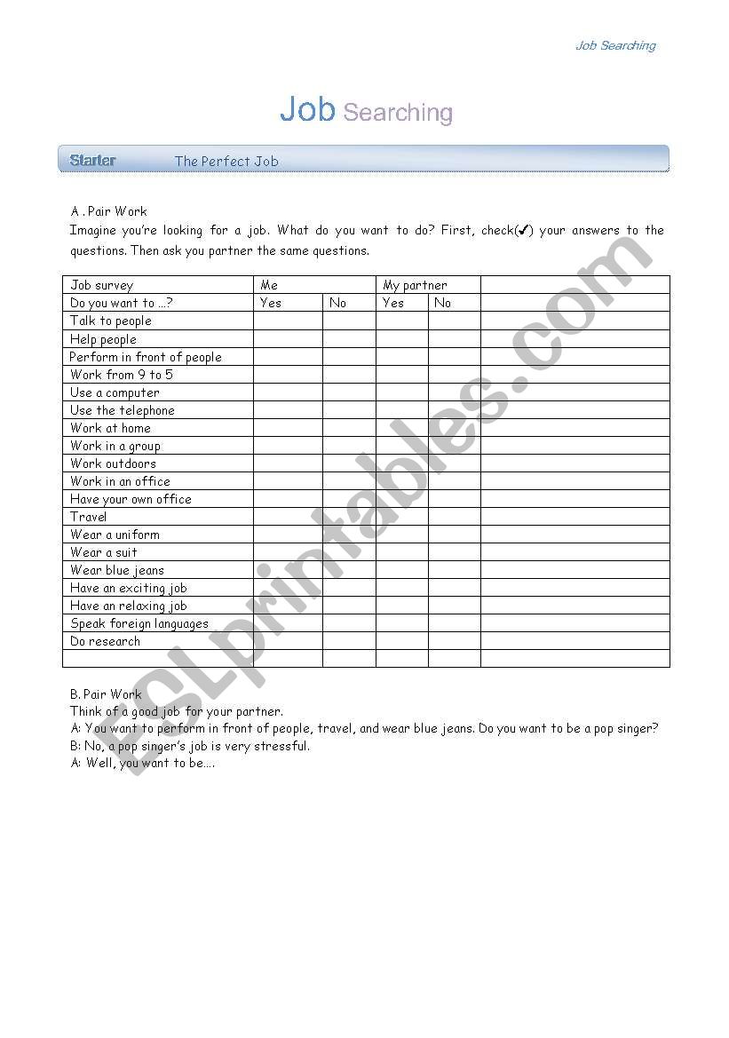 Job Searching worksheet