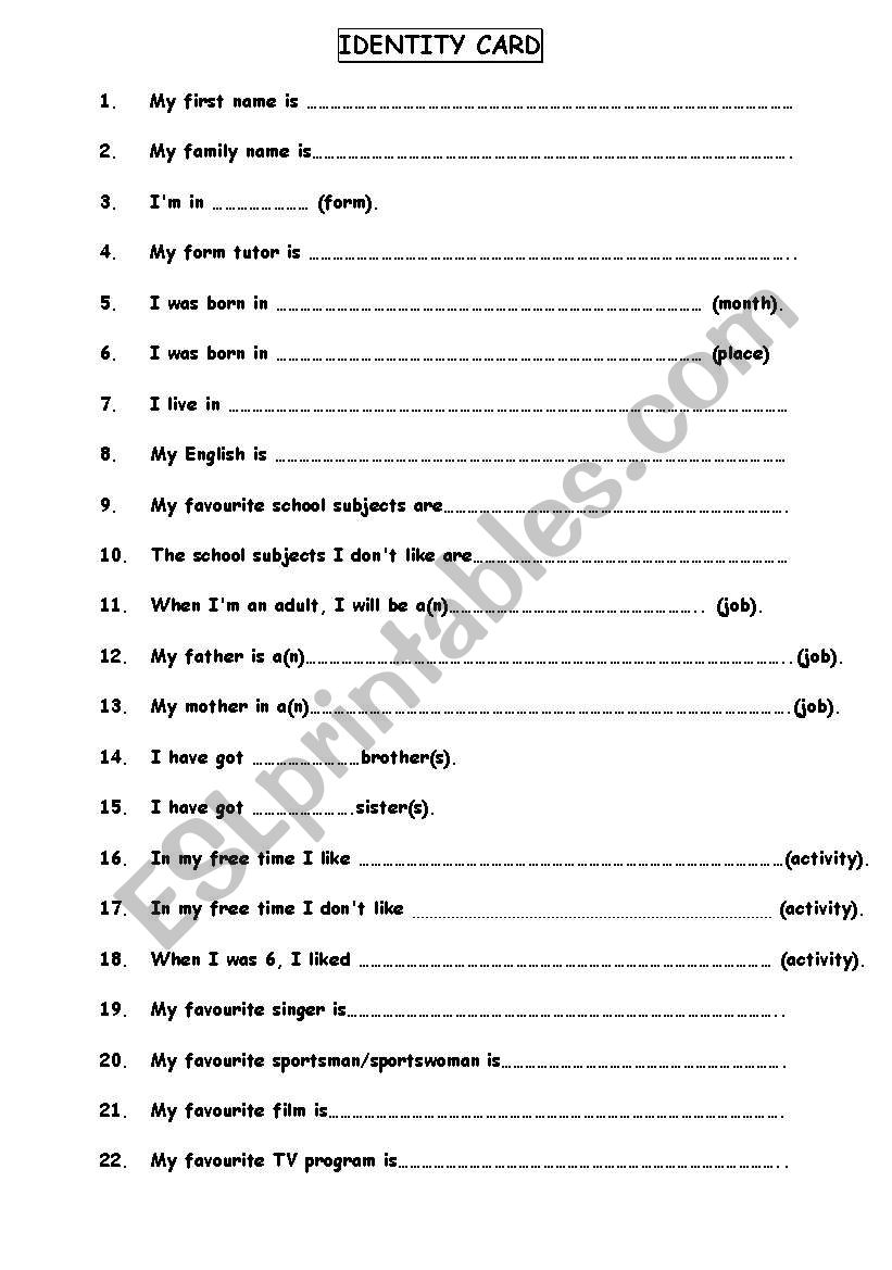 identity card worksheet