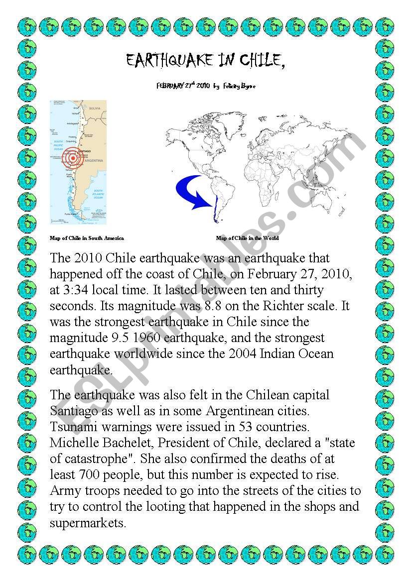 Earthquake in Chile 2010 worksheet