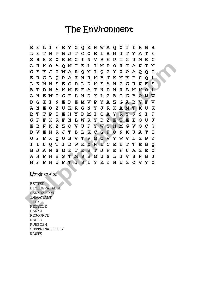 Environment wordsearch  worksheet