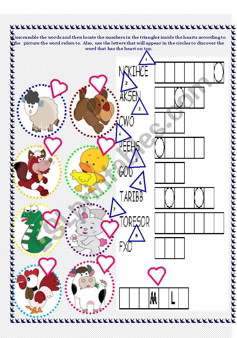 Cute Animal Unscramble and Matching Worksheet