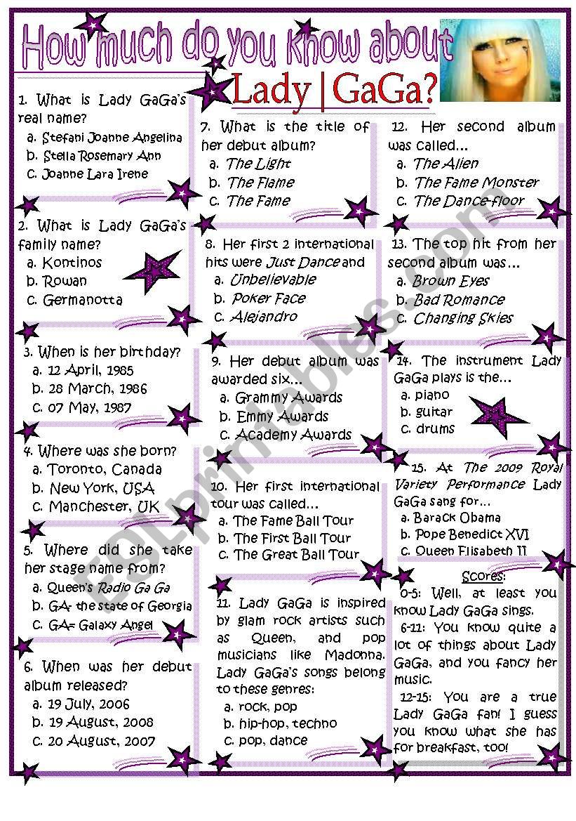 Quiz - Lady Gaga - Reuploaded worksheet