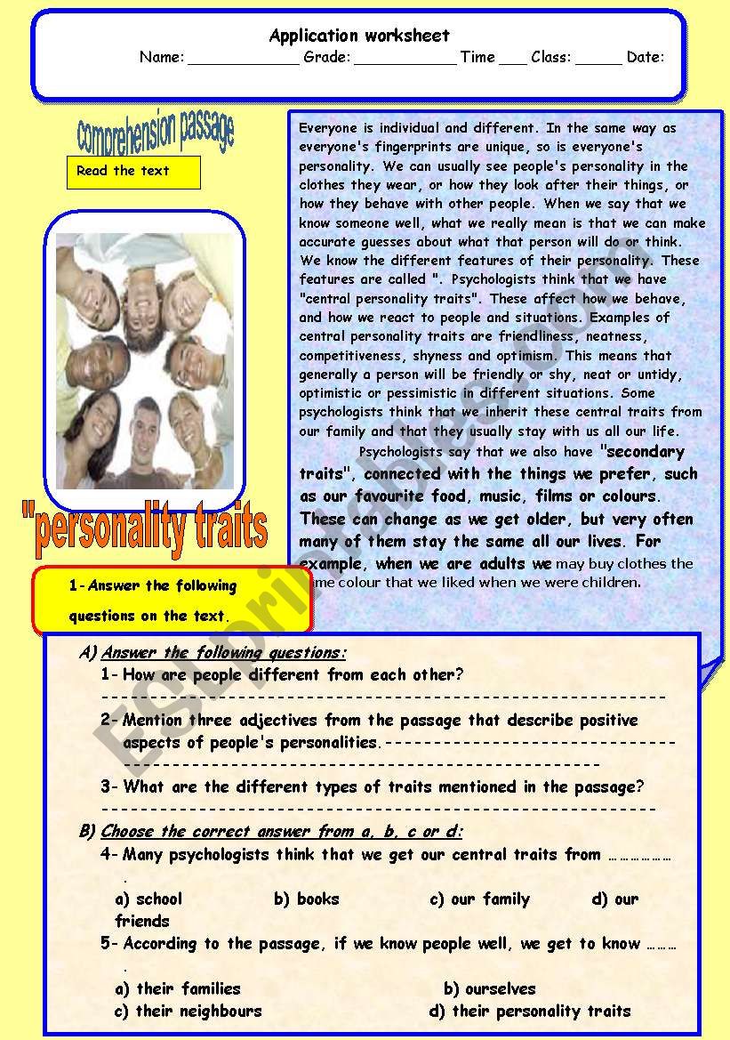 personality traits worksheet