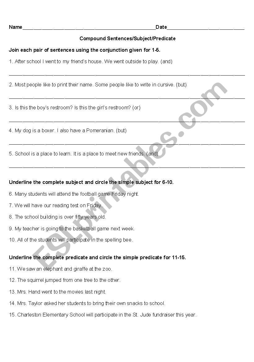 Compound Subject Predicate worksheet