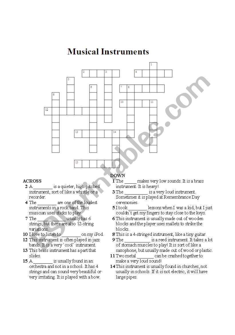 Musical Instruments Crossword worksheet
