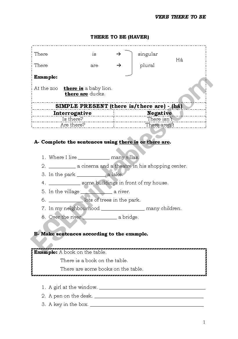 verb there to be worksheet