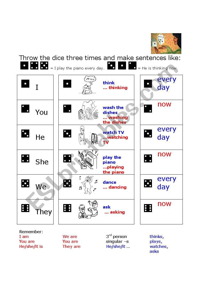 Present tense and a dice worksheet