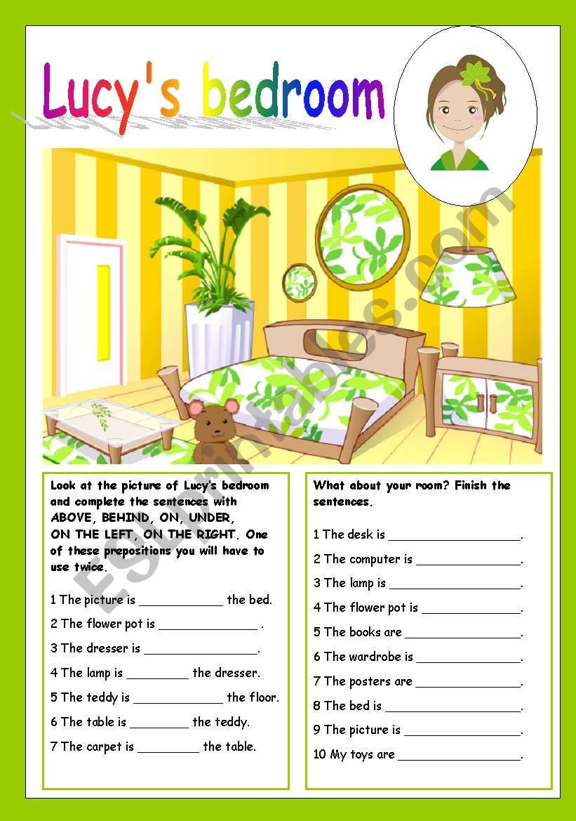 lucy´s bedroom (prepositions of place, editable) ESL worksheet by