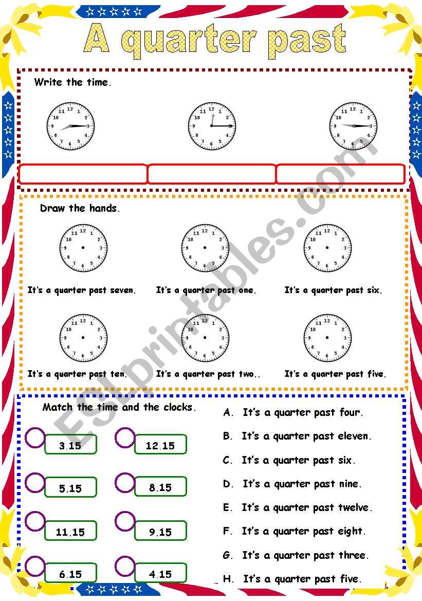 Time ( a quarter past ) worksheet