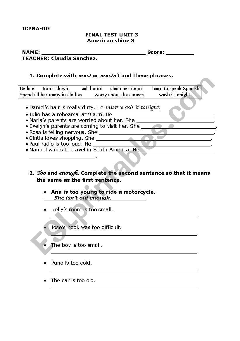exam worksheet