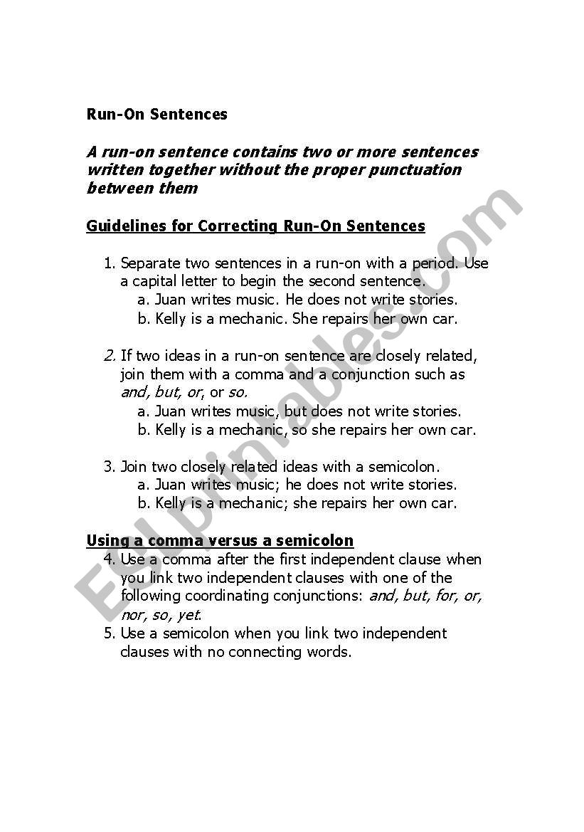 English worksheets: Run On Sentences Intended For Run On Sentence Worksheet
