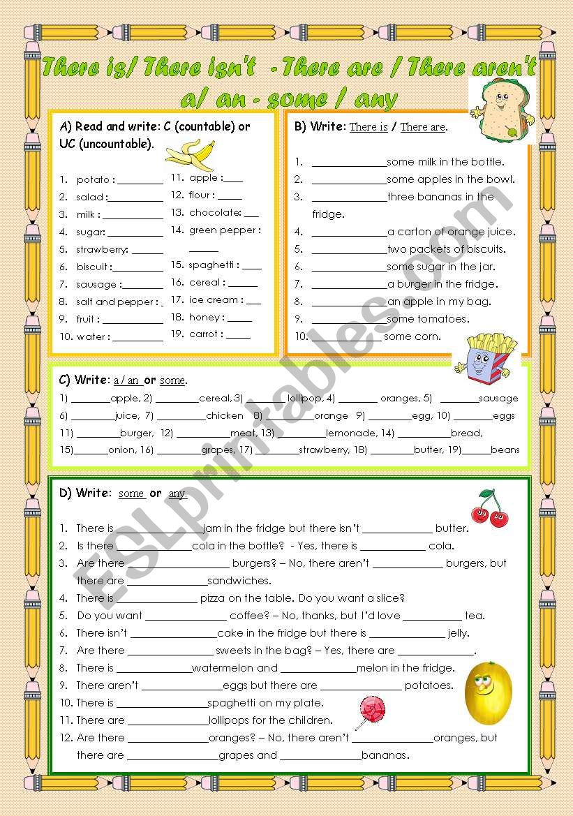 There is/ isnÂ´t - There are /arenÂ´t - a / an - some / any (3 / 3)