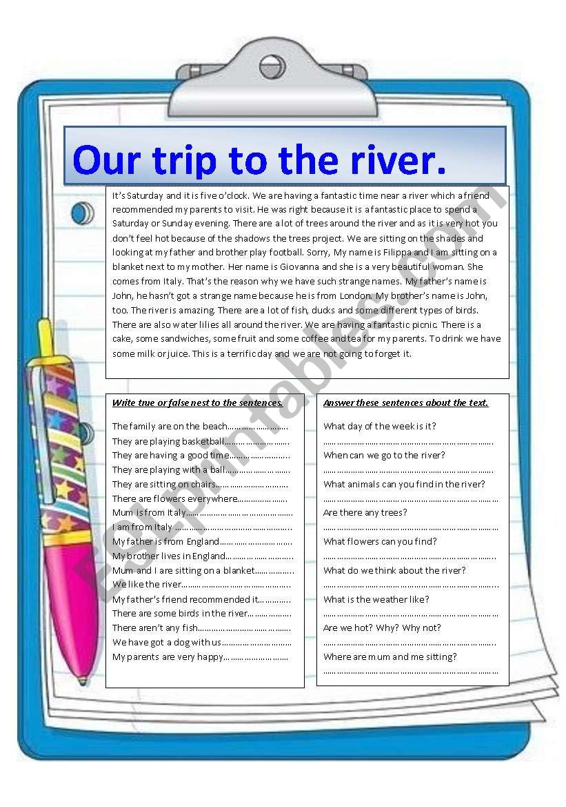 Our trip to the river. Reading comprehension.