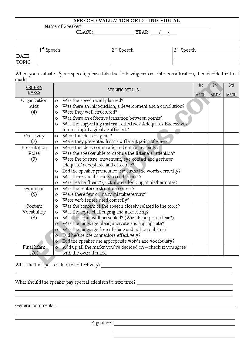 Speech Evaluation Form worksheet