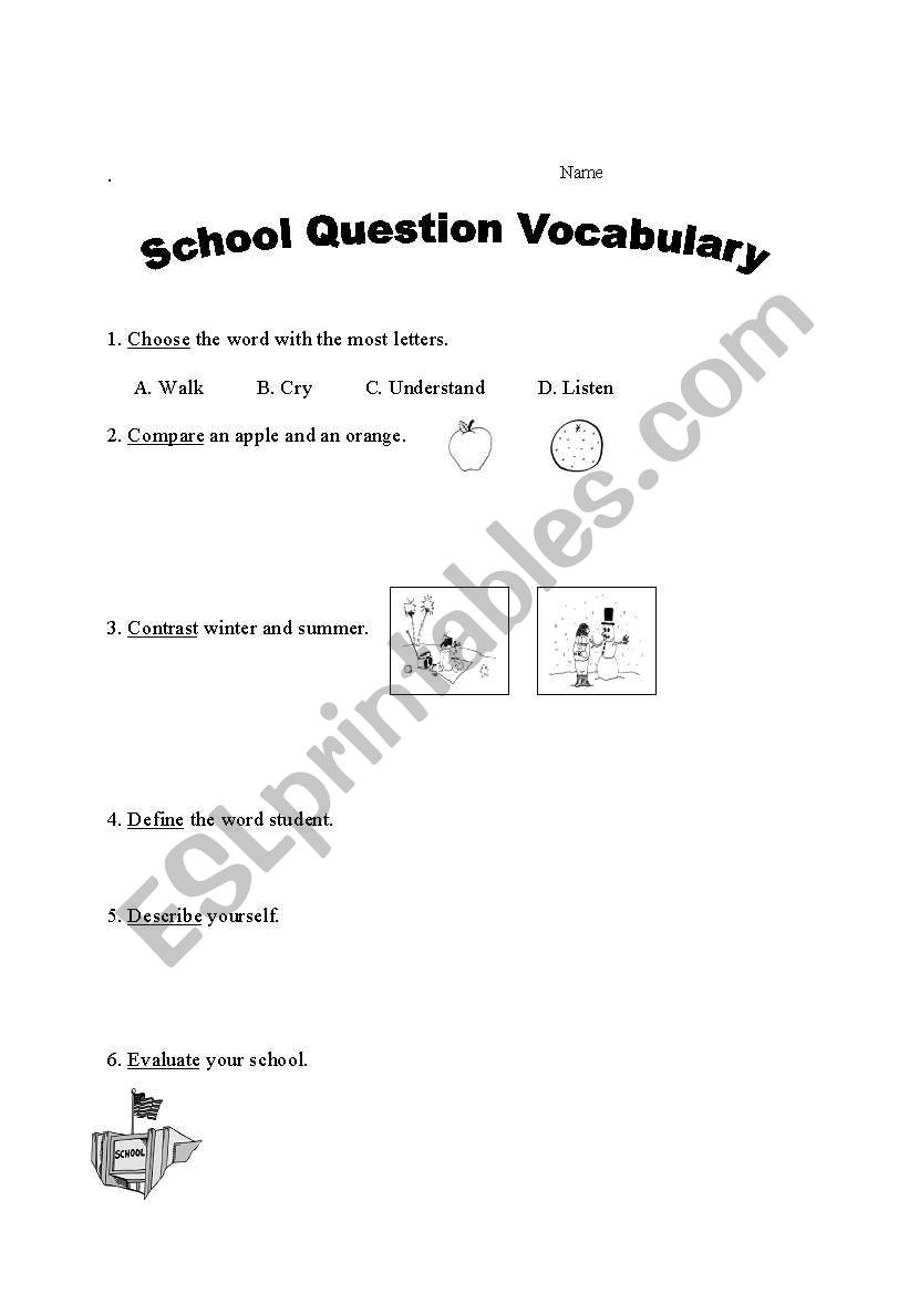 School Question Vocabulary worksheet