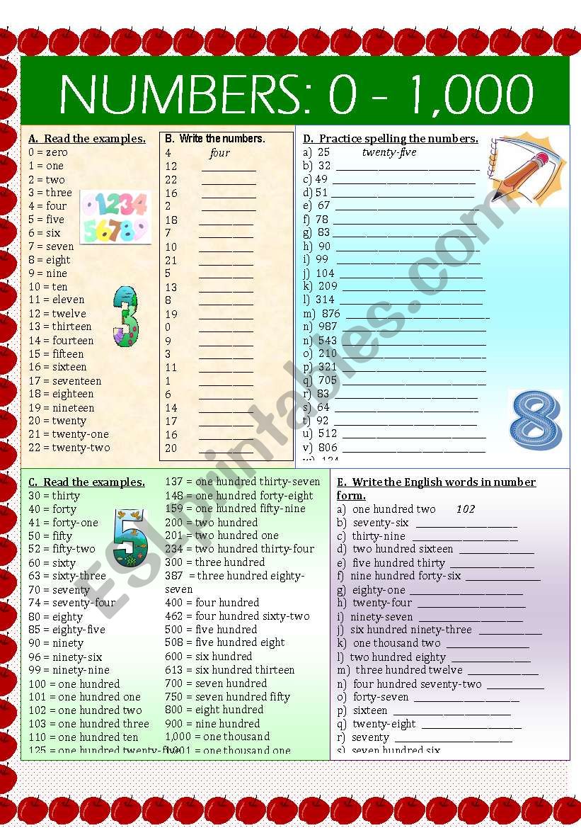 Numbers 0-1,000 worksheet
