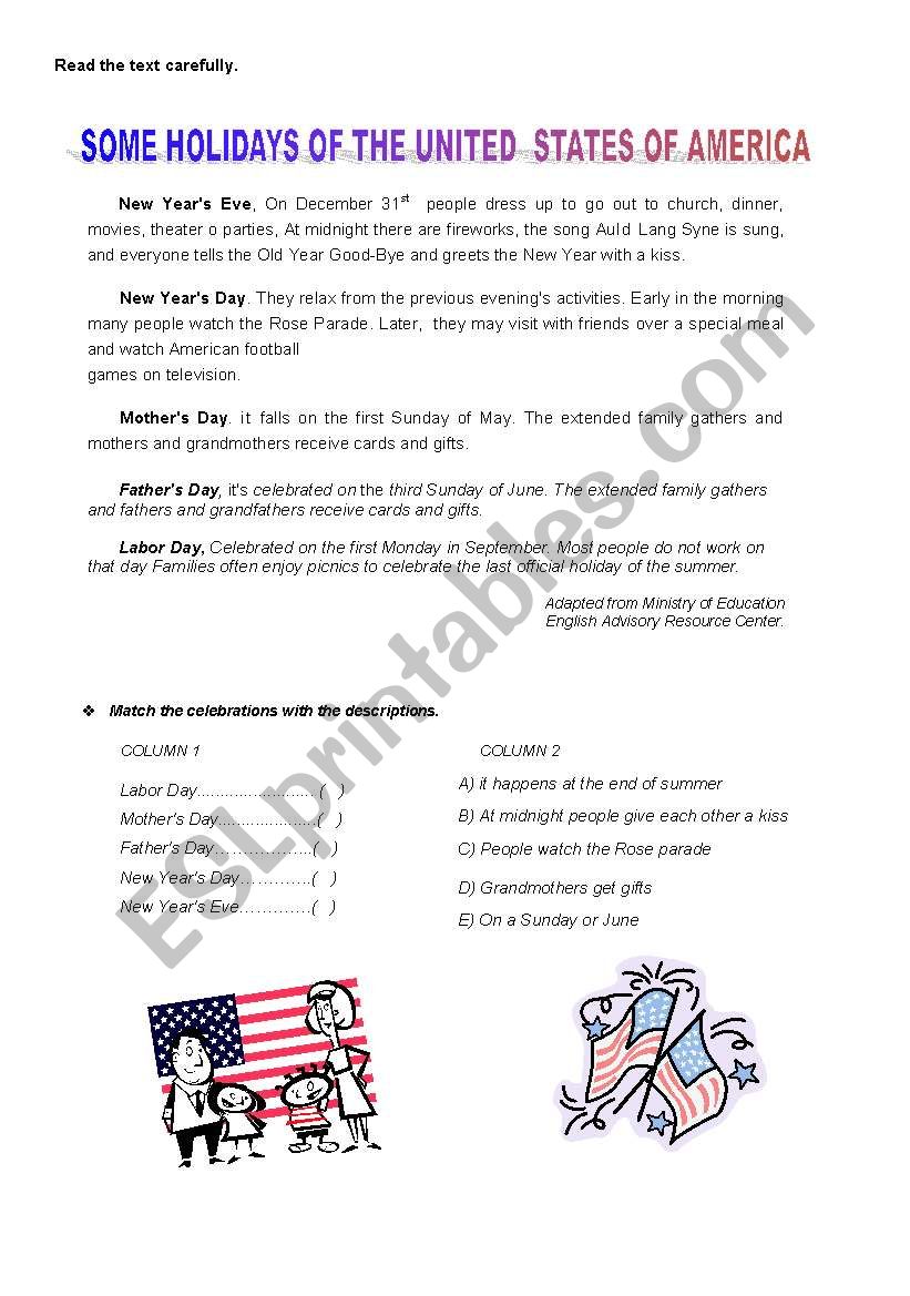 holidays in the U.S worksheet