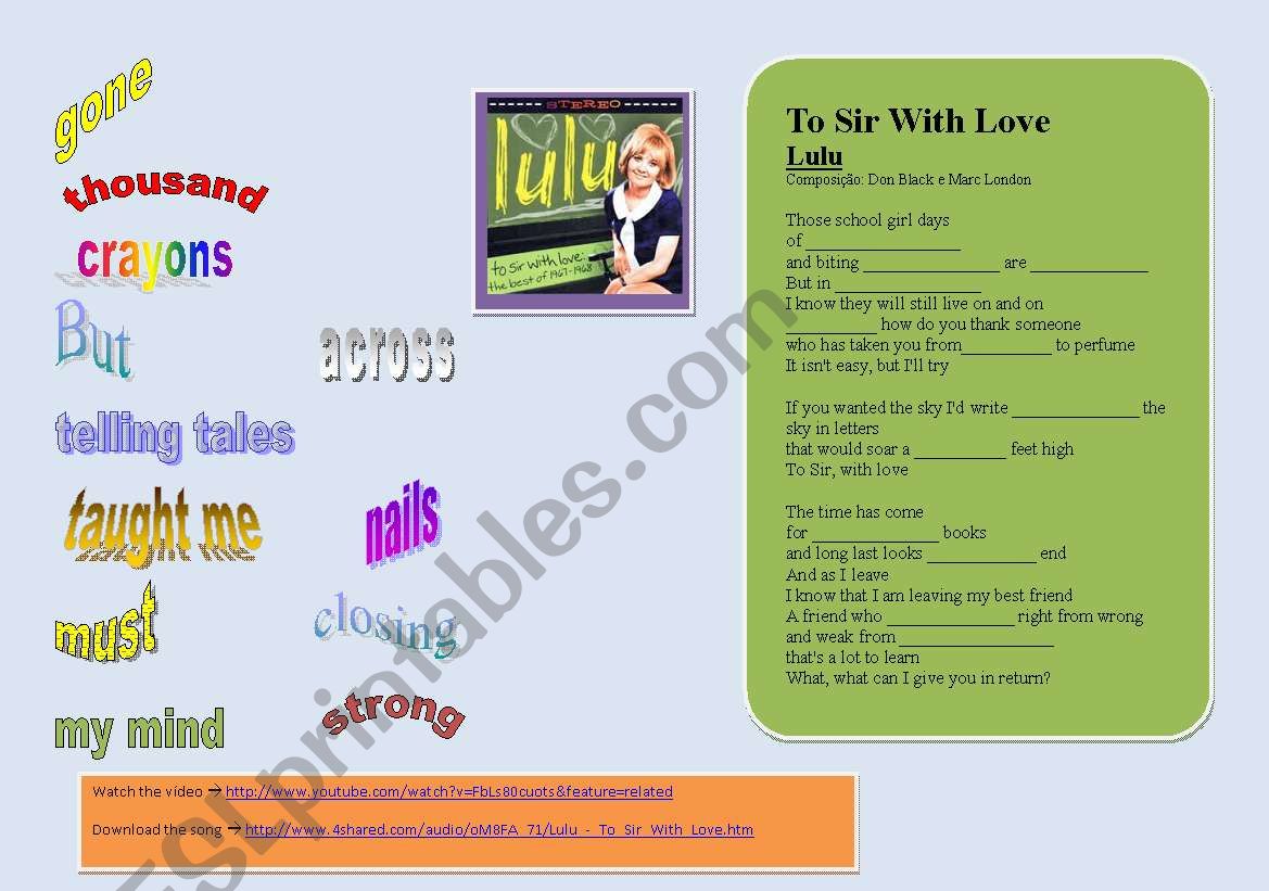 SONG: LULU - To Sir With Love worksheet