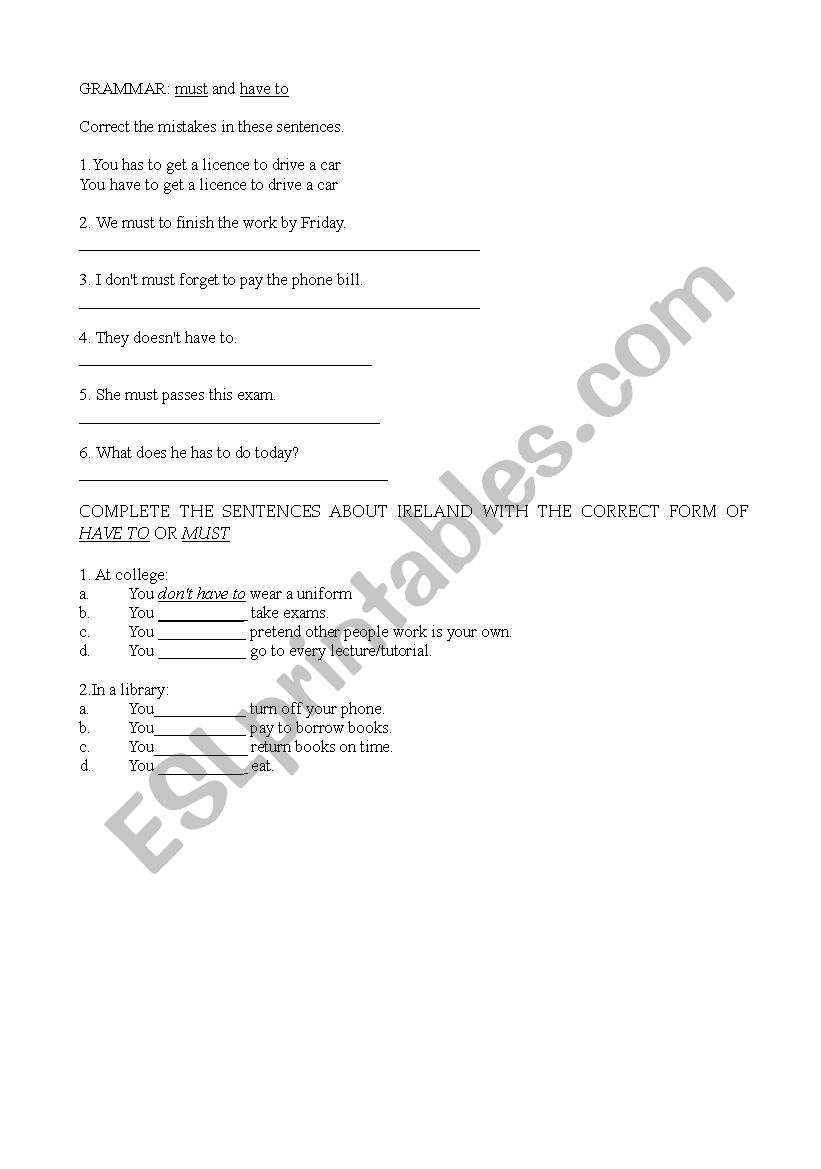 Simple Must or Have to Worksheet