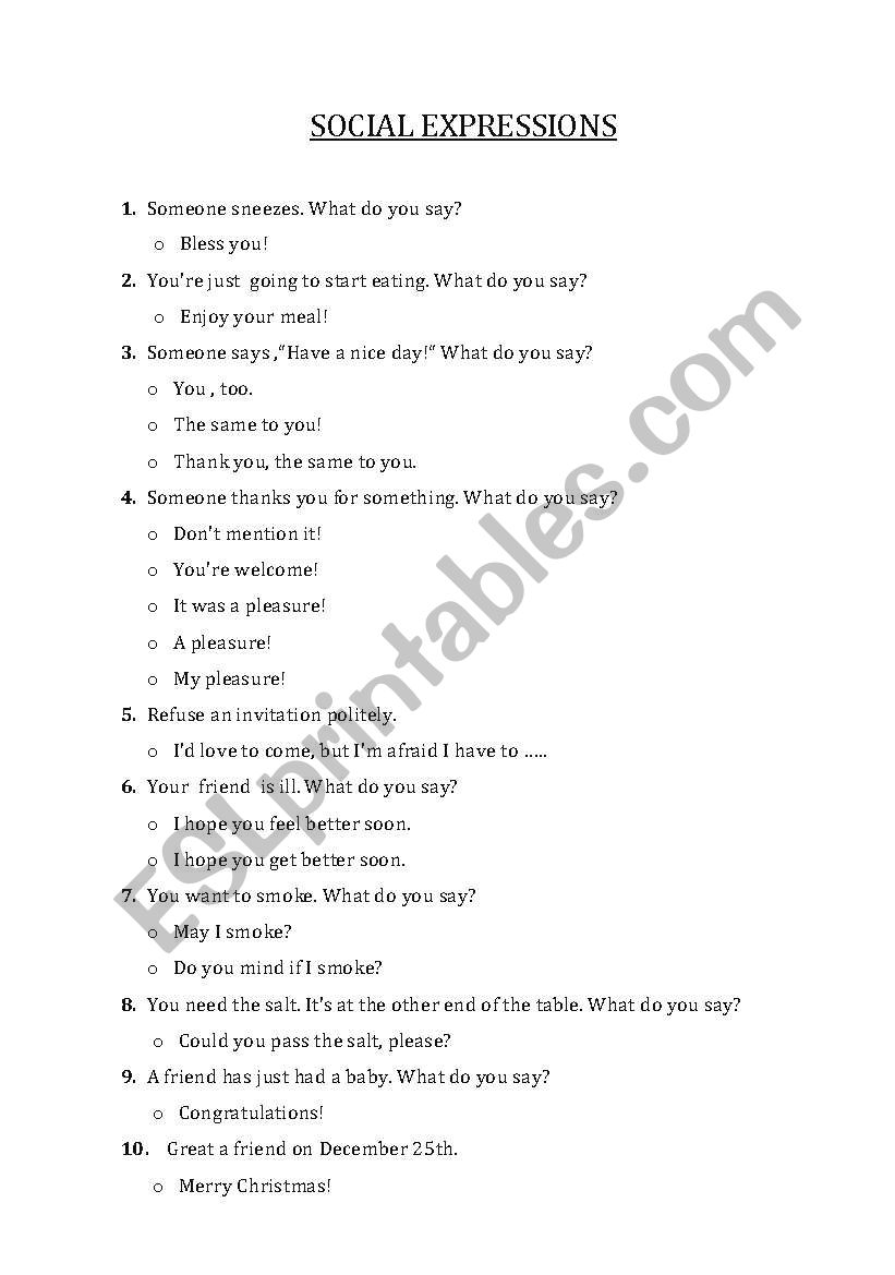 Social expressions worksheet