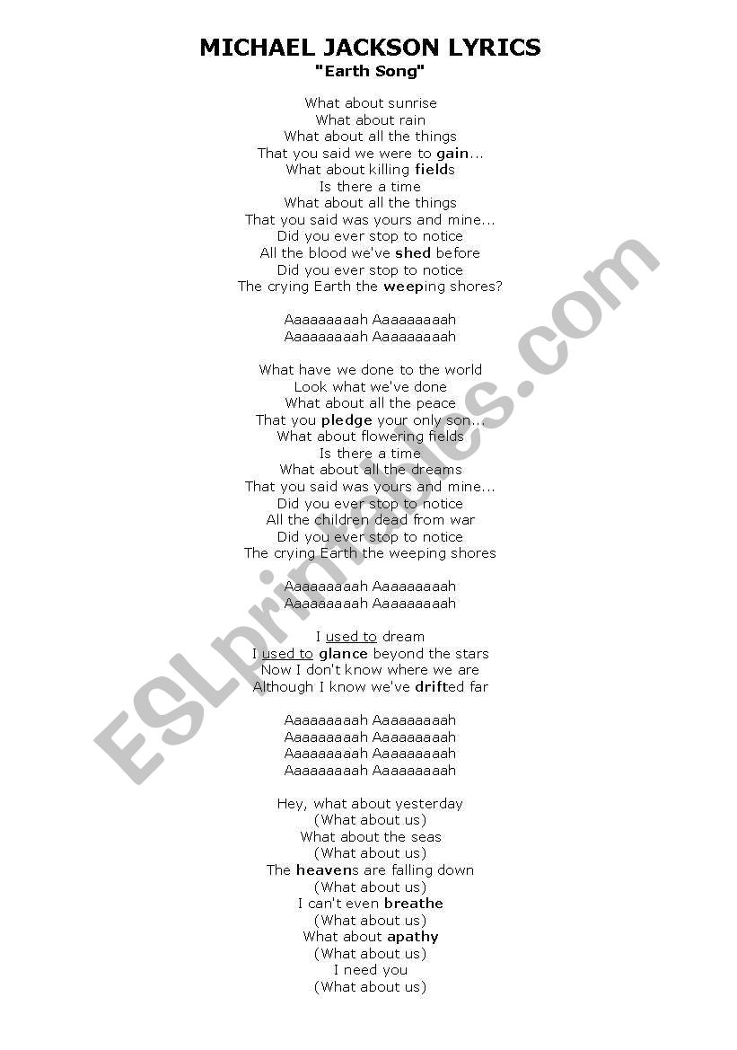 Earth Song Lyrics worksheet