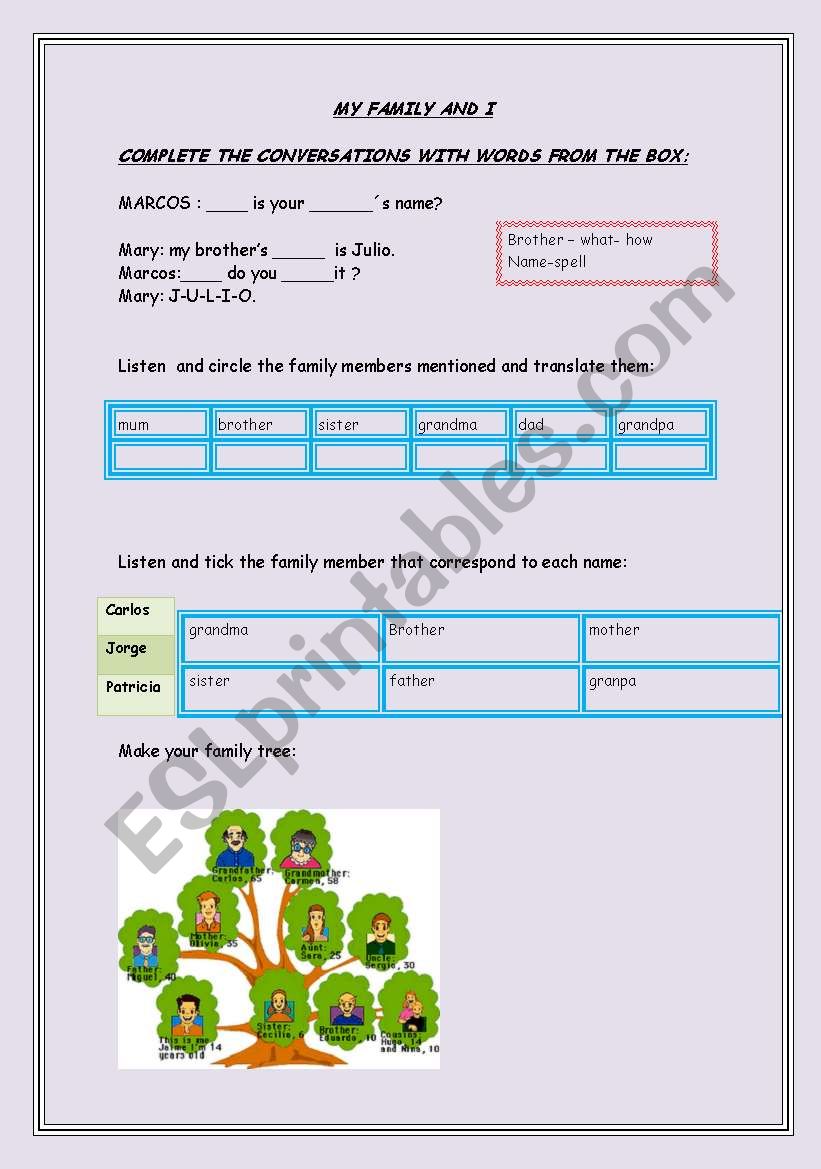 my family and I worksheet