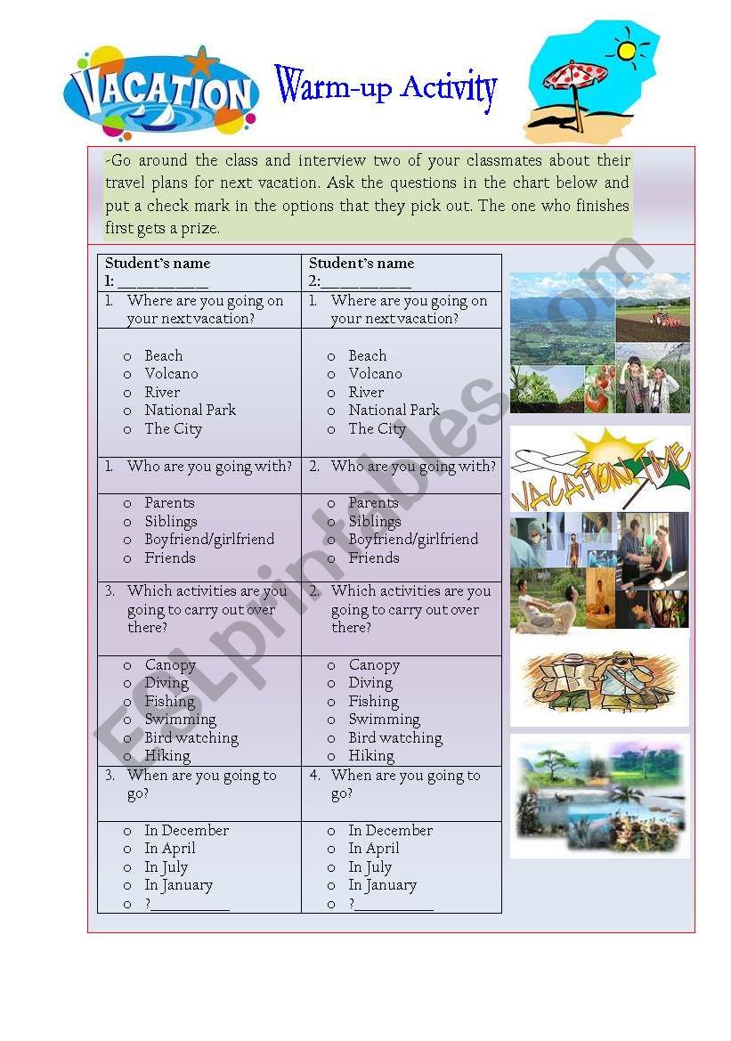 Tourism and travel Plans worksheet