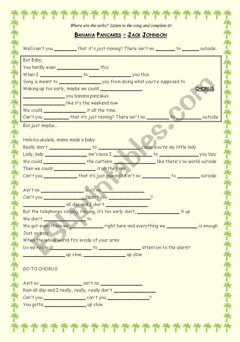 English Worksheets Song Activity Banana Pancakes Jack Johnson