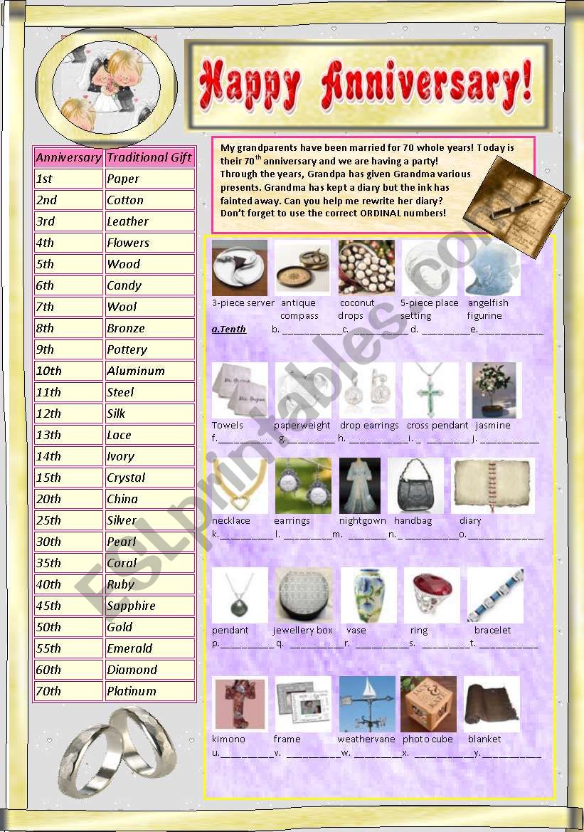 ORDINALS: HAPPY ANNIVERSARY worksheet