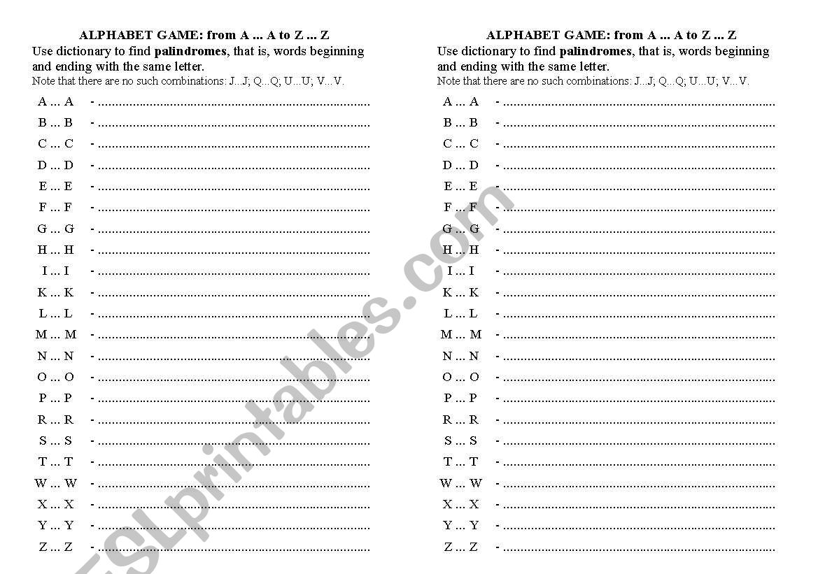 Alphabet game worksheet