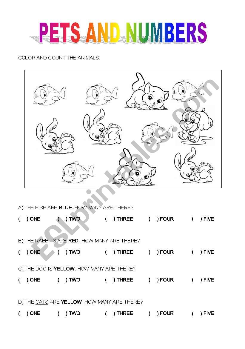 Pets and numbers (1-10) worksheet