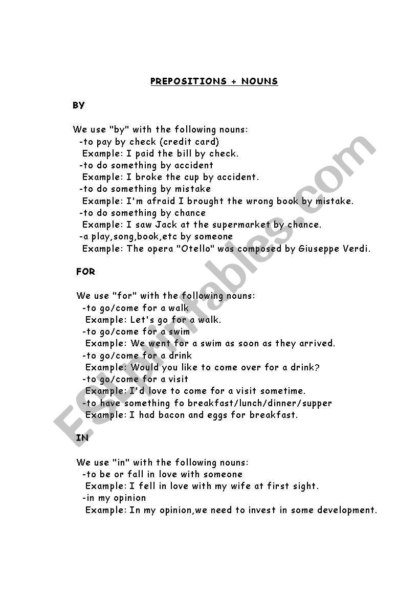 prepositon + nouns worksheet