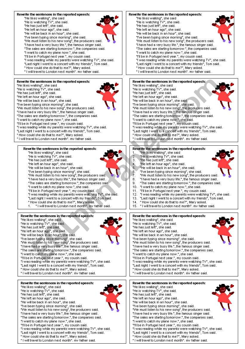 exercise cards on the reported speech