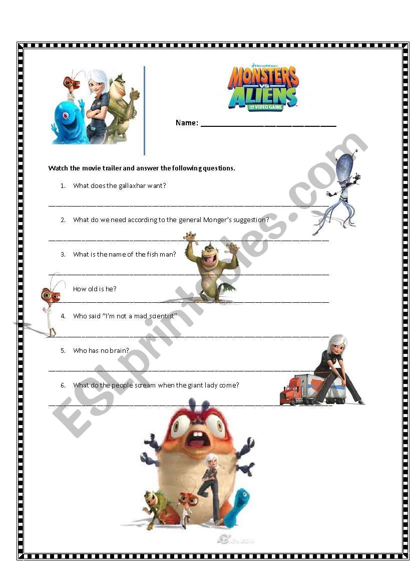 Monsters VS Aliens worksheet