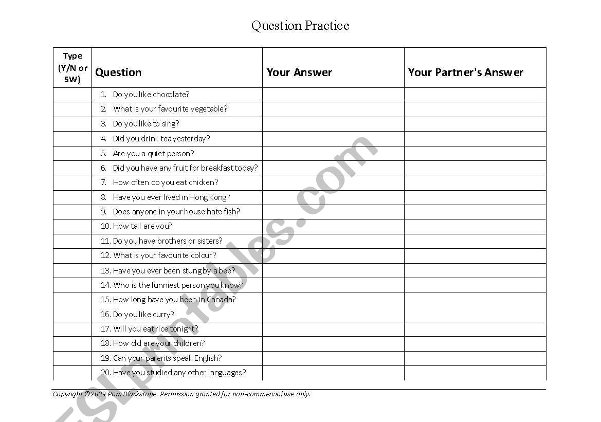 Pairs Question Practice worksheet