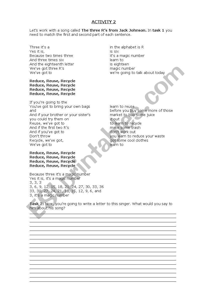 Reduce, Reuse, Recycle - Song activity