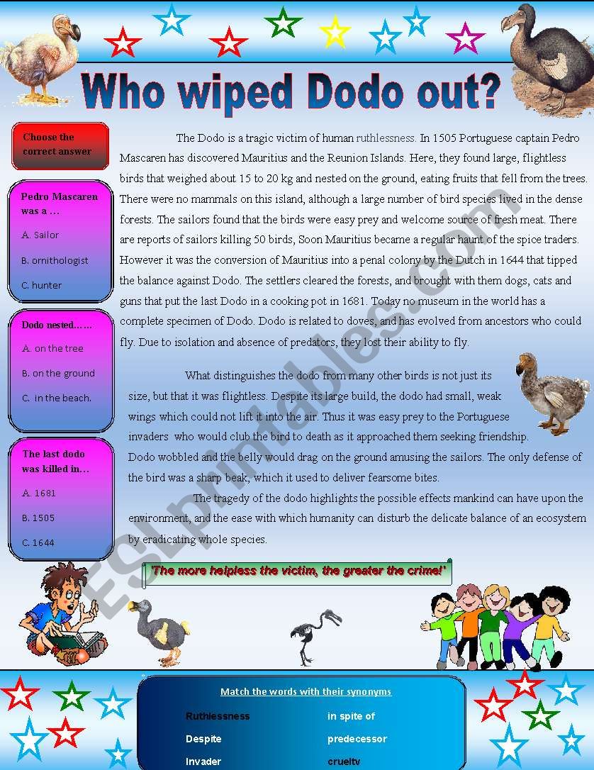 bird.. who wiped dodo out?  worksheet