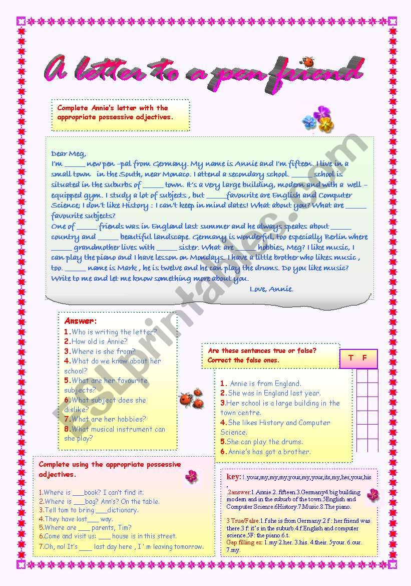 A LETTER TO A  PEN FRIEND worksheet