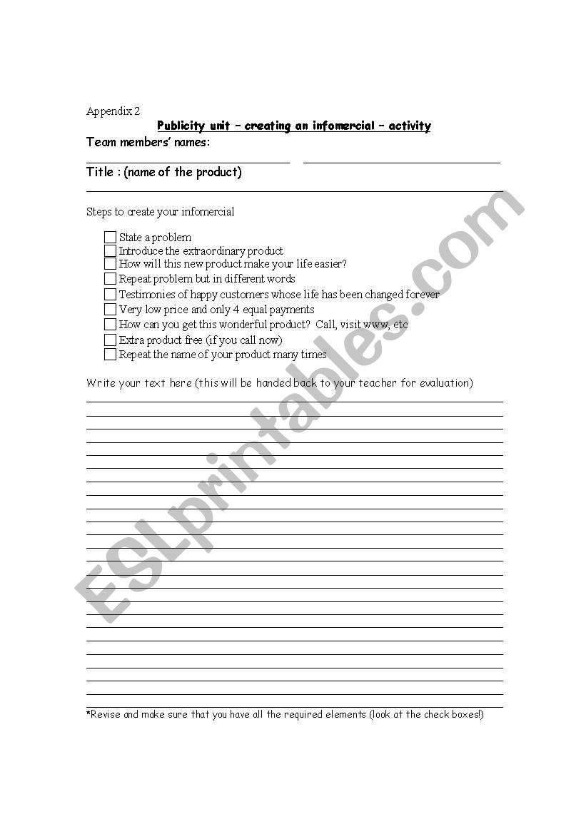 infomercial task sheet worksheet