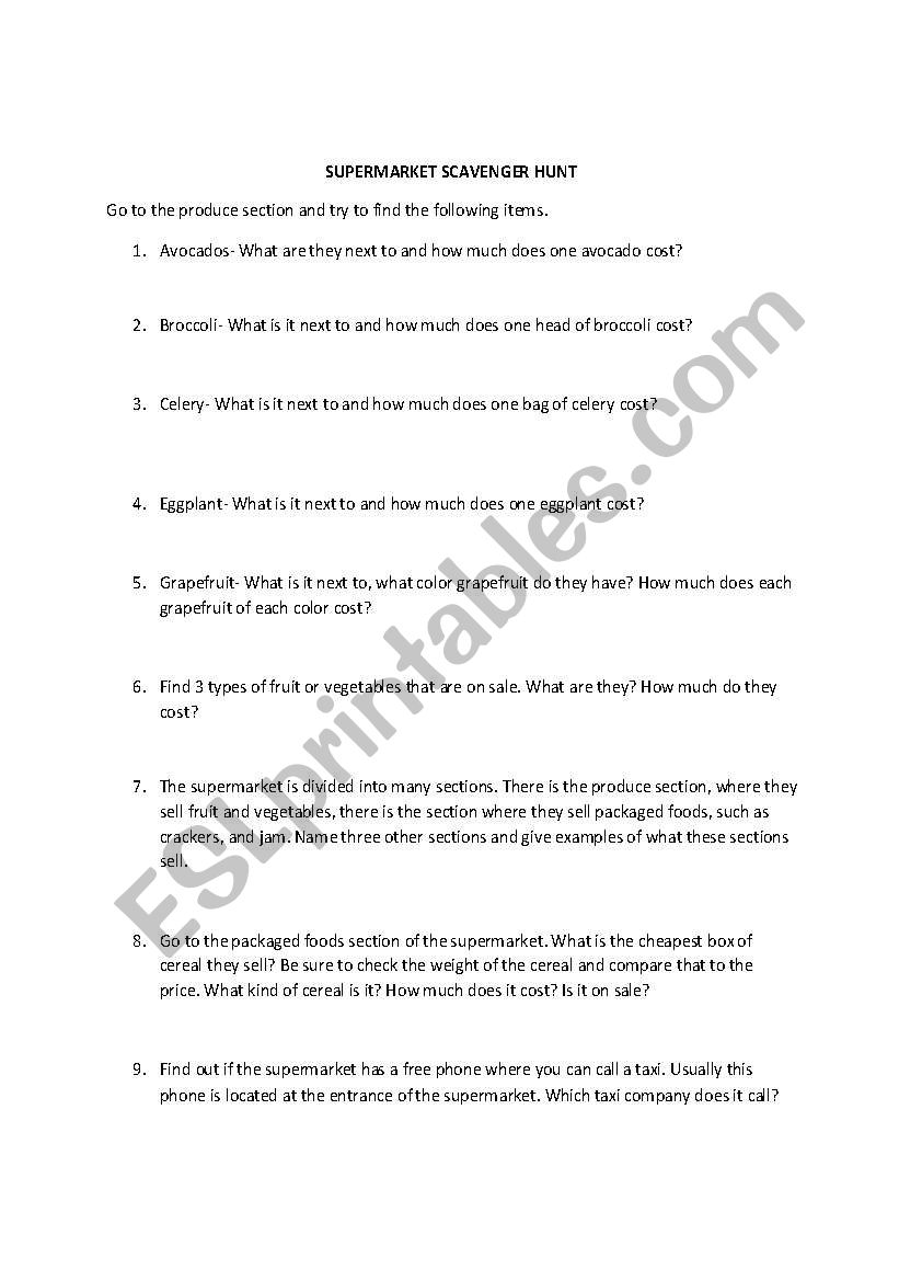 Supermarket Scavenger Hunt worksheet