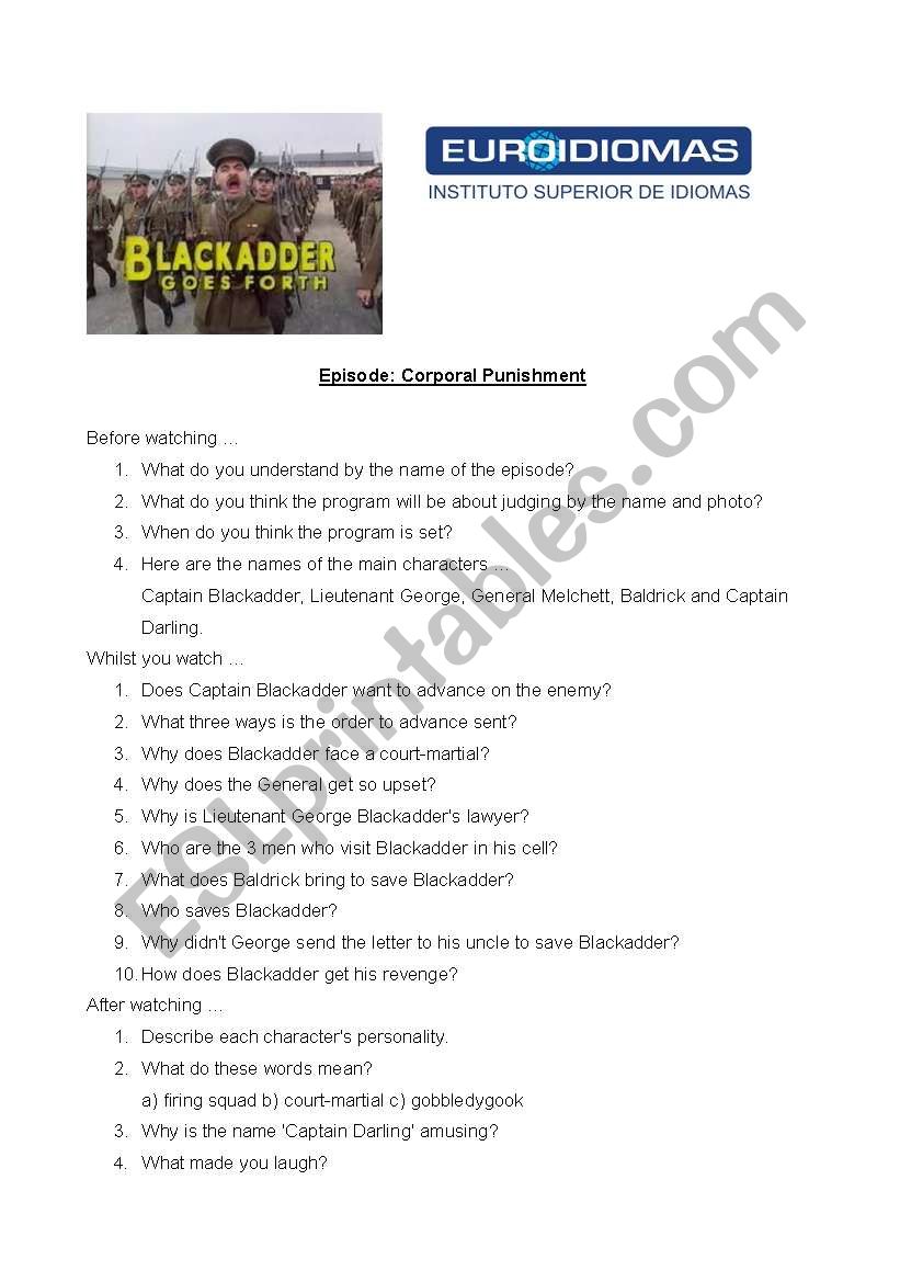 Blackadder Goes Forth Video worksheet