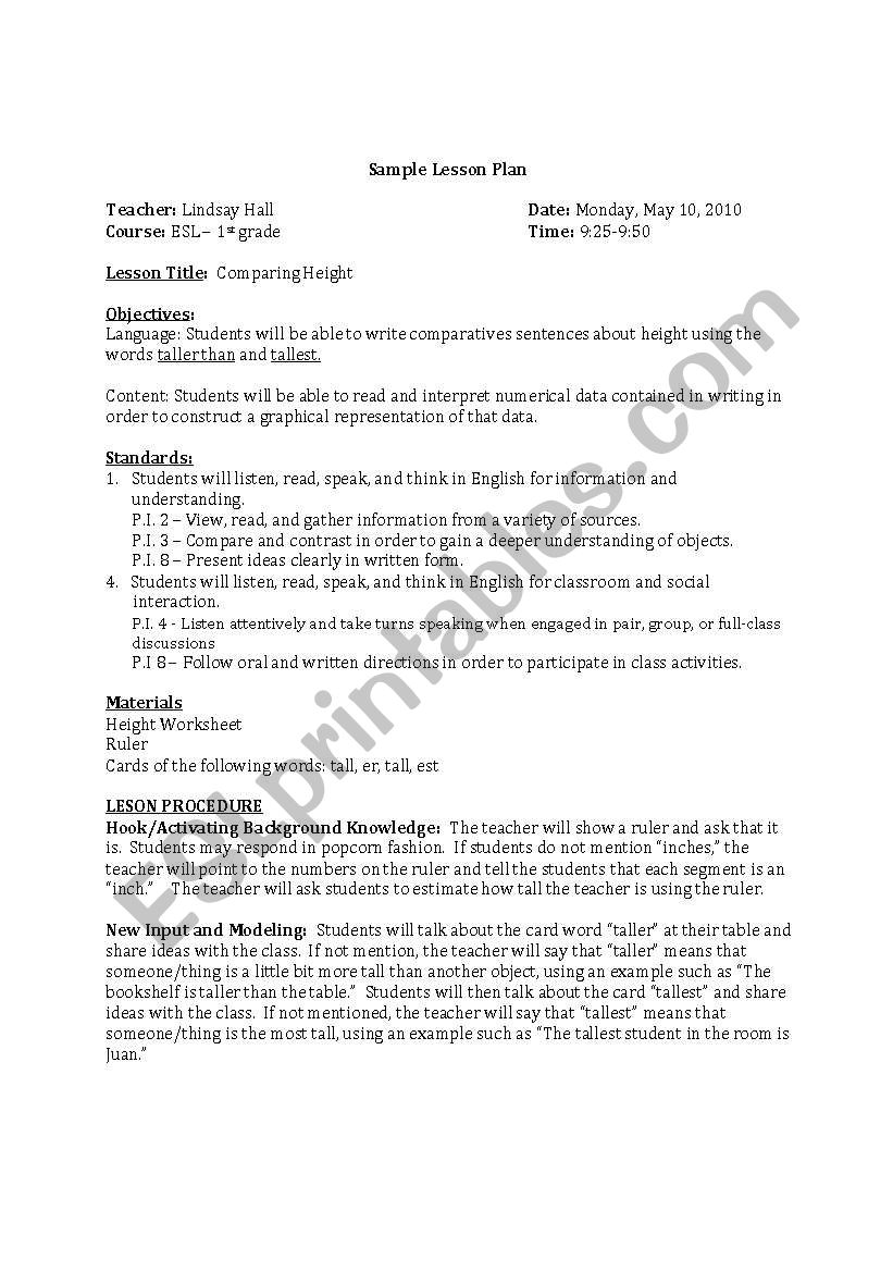 Comparing Height worksheet