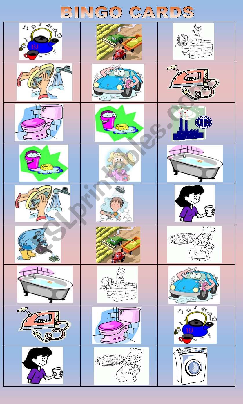 bingo cards - uses of water - can