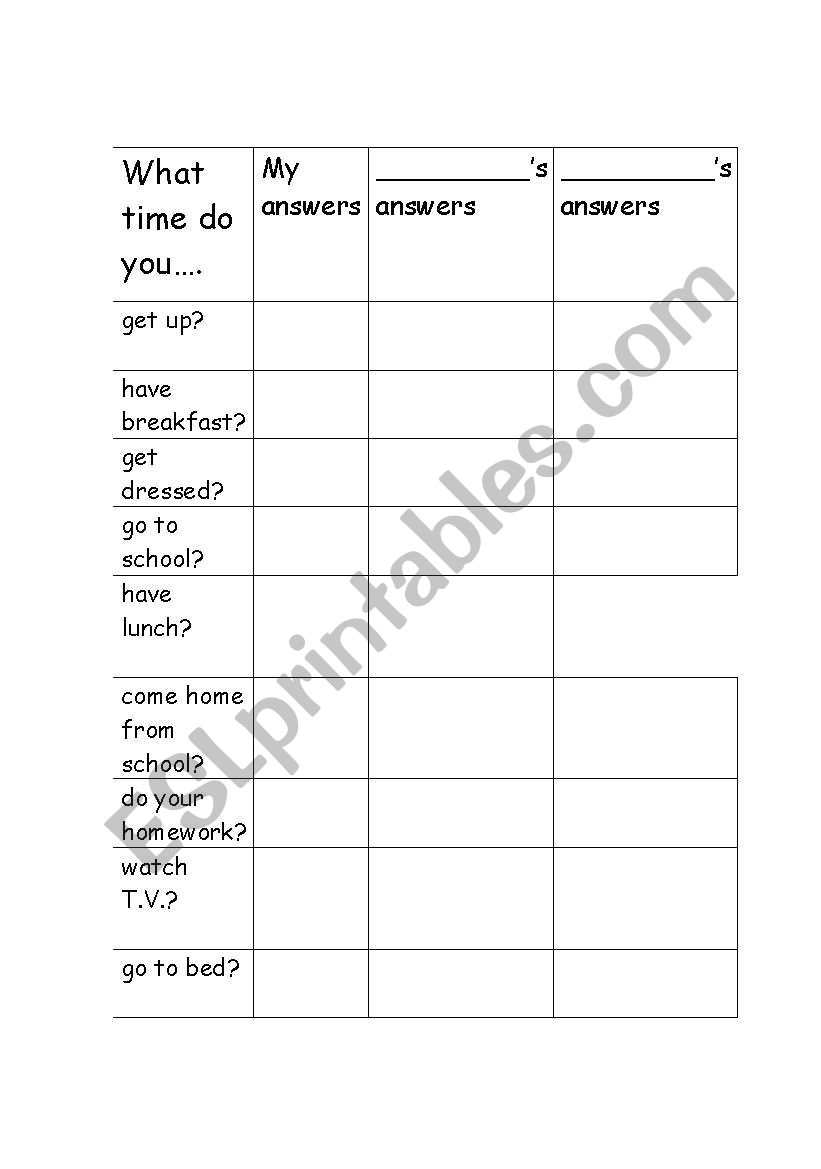 What time do you...? Group Worksheet
