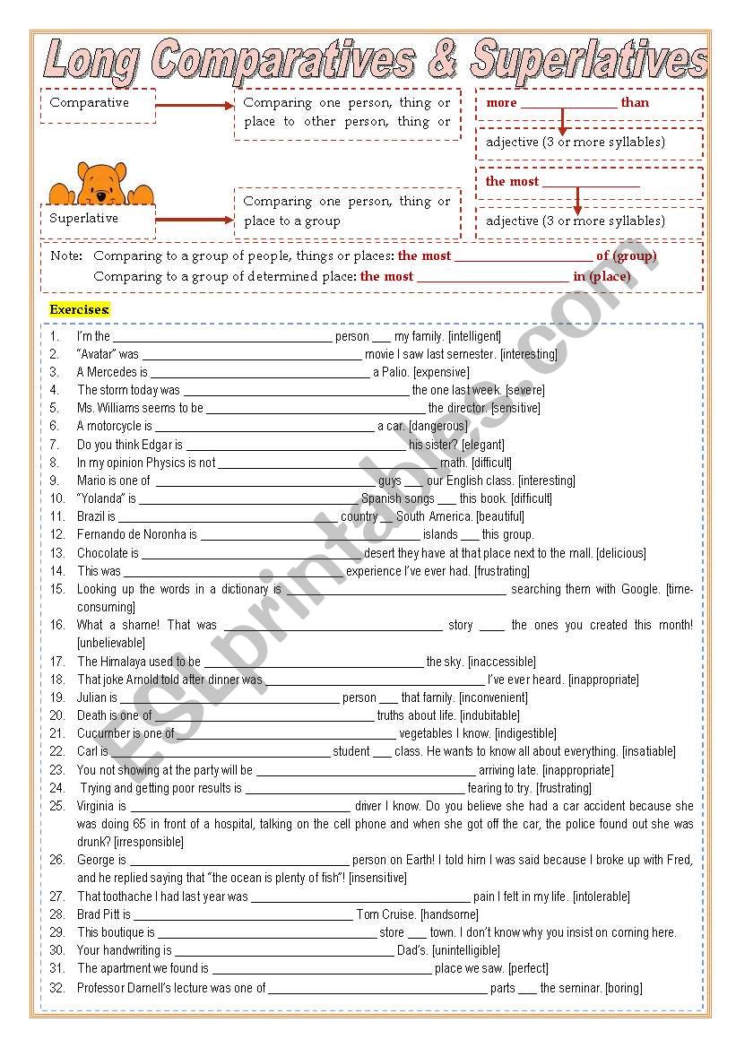 Long Comparatives & Superlatives (3 syllables +) - grammar guide and exercises ***fully editable