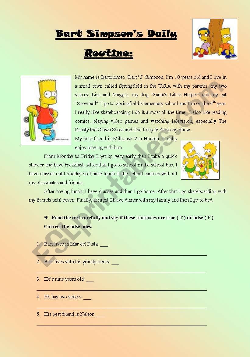 Bart Simpsons daily routine worksheet