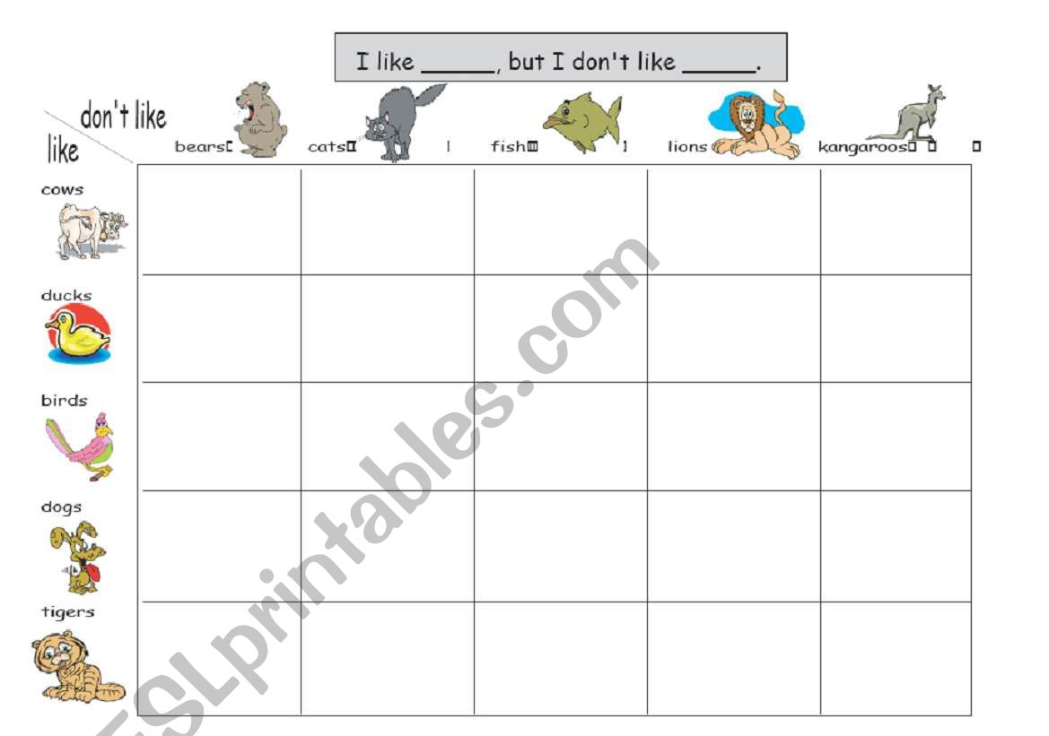 I like but I donÂ´t like worksheet