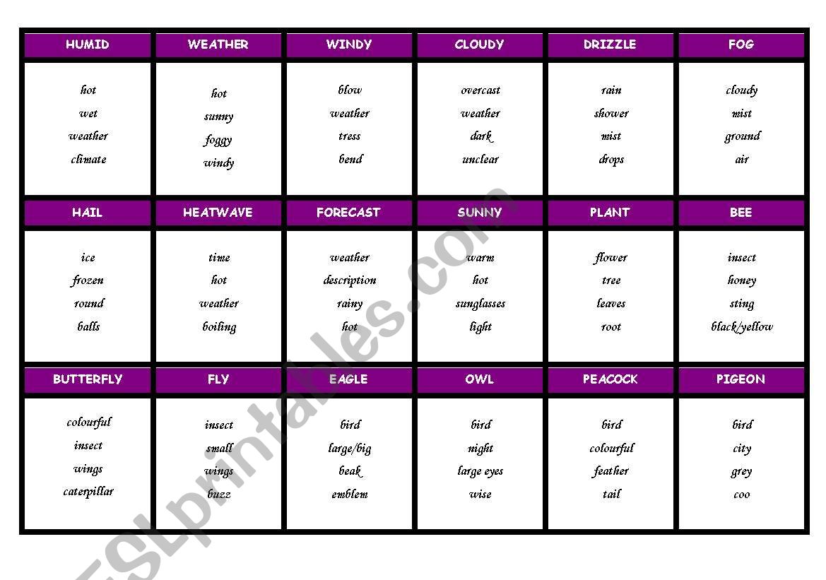Taboo cards-nature worksheet